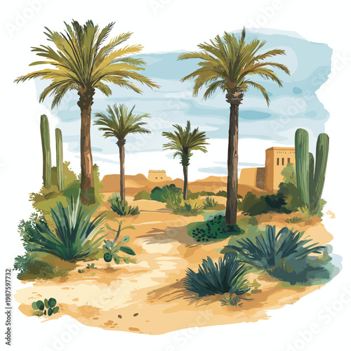 Sahara at Douz. Sahara at Douz hand drawn watercolor illustration on white background