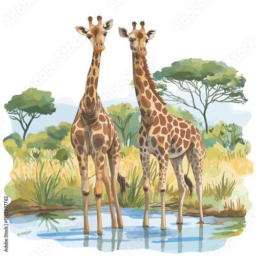 Selous Game Reserve. Selous Game Reserve hand drawn watercolor illustration on white background