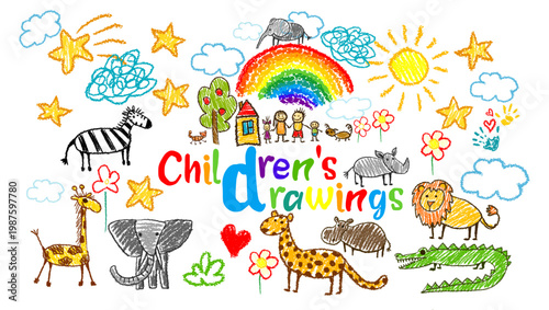 A set of cute children's drawings . Hand drawn. Not AI, vector illustration.