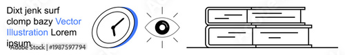 Education, time management, focus, literacy, vision, reading. Linear clock, eye graphic and stack of books are . Education and time management through clear visuals