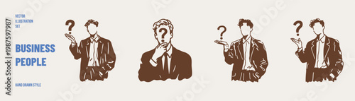 Confused business people questioning gestures thinking uncertain situation. Illustrations for onboarding and training. Hand drawn pencil style with simple expressive lines.