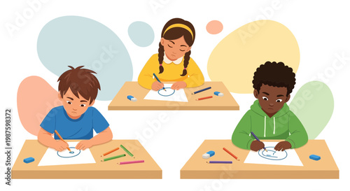 Diverse children drawing circles at desks, creative art class, education, childhood fun