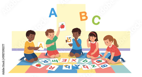 Diverse children learning alphabet and fruits with flashcards and ABC blocks