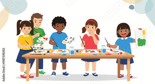 Diverse children painting together at a table in art class, creative fun