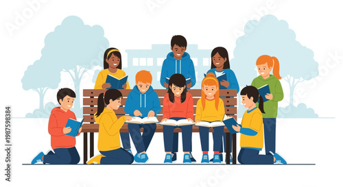 Diverse children reading books together outdoors on a sunny day, learning and imagination