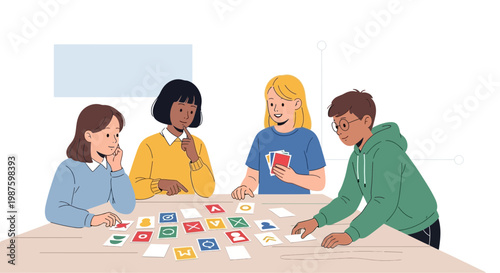 Diverse group of friends playing a card game at a table, enjoying leisure time together.