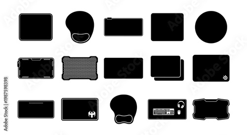 Black mouse pad silhouette icons, set of 15 computer desk mat vector shapes, gaming mousepad top view collection, office workstation accessories