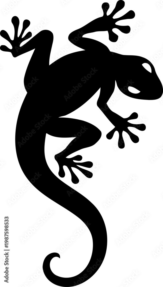 Fototapeta premium Striking minimalist black and white gecko silhouette with distinctive white eyes and a gracefully curved tail, perfect for modern animal-themed designs and graphic art.