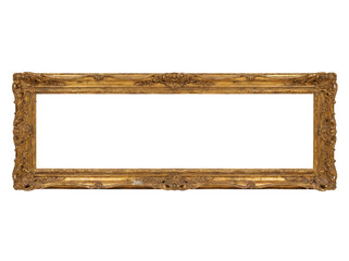 Artistic gilded antique picture frame (panoramic format) with transparent background, png image.