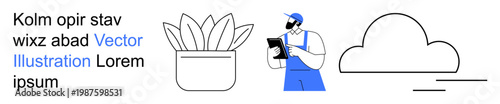 Gardening, agriculture, environment, cloud computing, data analysis, sustainability. A gardener with a clipboard near a plant and cloud. Gardening and agriculture concept