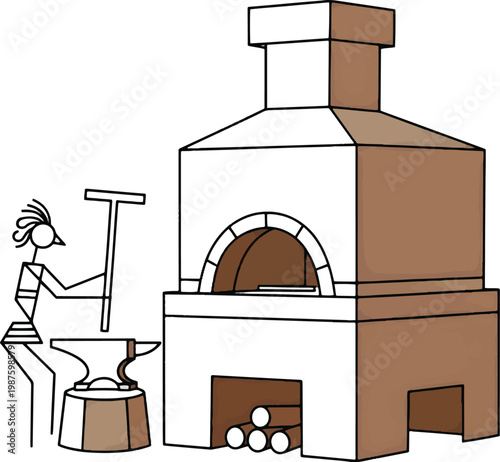 Traditional blacksmith forge vector illustration, ancient metalworking furnace with anvil and stick figure artisan, rustic ironwork craft scene