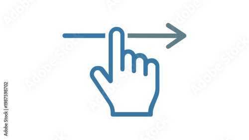 Blue minimalist vector icon illustration of a hand gesture for swiping right or sliding. Features a finger touching a horizontal arrow. Perfect for touch screen UI, mobile apps, and web design.