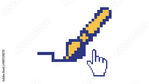 Creative pixel art vector illustration featuring a vibrant gradient pen tool and hand cursor icon, ideal for graphic design software, digital drawing apps, and modern user interface design.