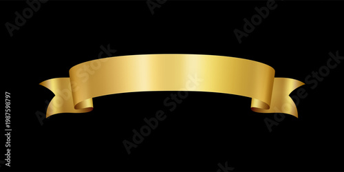 Gold foil ribbon isolated on black background. Shiny old label, wave banner element. Vector golden promotion retro decoration, yellow price sale