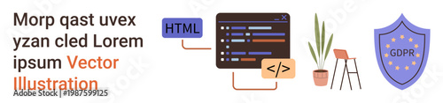 Data security, GDPR compliance, coding, programming, web development, digital protection. Coding screen with HTML and CSS tags, plant chair GDPR shield. GDPR compliance and coding concept