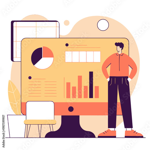 Businessman Standing in Front of Large Computer Screen with Data Dashboard