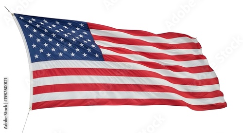 American flag waving in wind isolated on white background