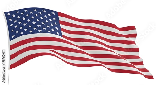 American flag waving in wind isolated on white background with stars and stripes