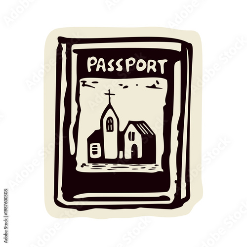 Pilgrims way passport with church motif. Black and white simple symbol icon clipart.For Camino, Canterbury , Jacobsweg European travel route. 