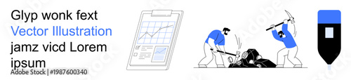 Business strategy, manual labor, creative processes, report generation, data analysis, teamwork. Chart clipboard, two workers breaking rocks digital pen. Business strategy and manual labor