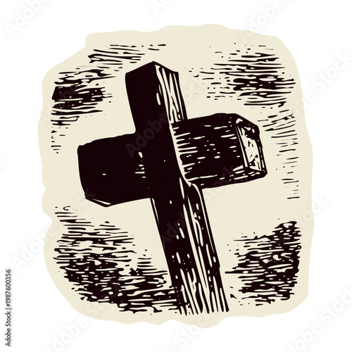 Bold black christian cross motif hand drawn vector style. Flat wooden cross on the hill or simple gravestone marker icon. For sacred holy christianity religion or death concept clip art.