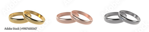 Realistic vector set of wedding rings in gold, rose gold and silver with small diamonds . Elegant ring for friendship, engagement or marriage. Pair of rings, couple ring, 3d render, isolated.