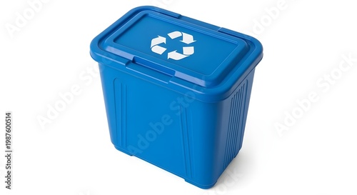 Blue recycling bin with recyclable symbol isolated on white background