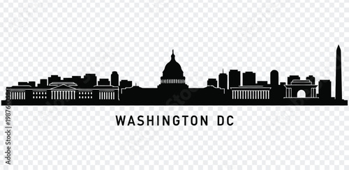 Black silhouette of washington dc city skyline with iconic buildings