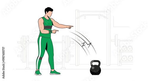 Man in gym pointing at kettlebell, fitness training, workout motivation