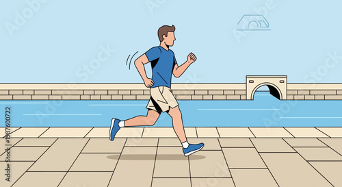 Man jogging by a river on a sunny day, enjoying outdoor fitness and a healthy lifestyle.
