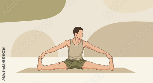 Man practicing Upavistha Konasana yoga pose for flexibility and wellness