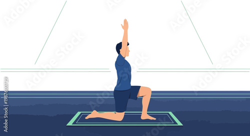 Man practicing yoga in a low lunge pose on a mat, stretching his body and arms upwards.