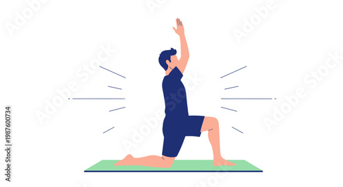 Man practicing yoga on a mat, performing a low lunge pose with arms raised