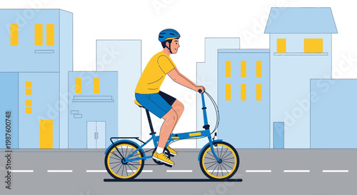 Man riding a folding bicycle in a city street with modern buildings