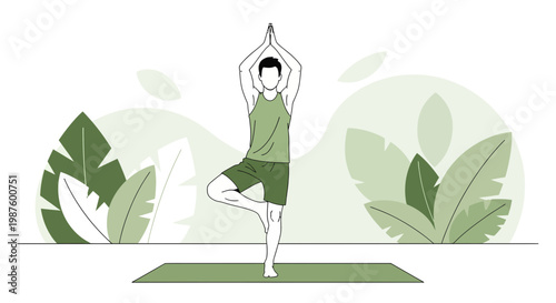 Man practicing yoga tree pose on mat, healthy lifestyle, balance and mindfulness