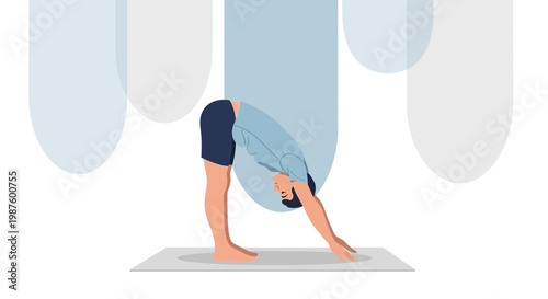 Man practicing yoga, forward fold pose, stretching hamstrings and back on mat