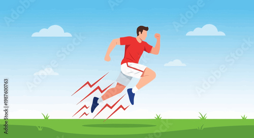 Man running fast in red shirt and white shorts, motion blur, speed lines, outdoor green field, blue sky