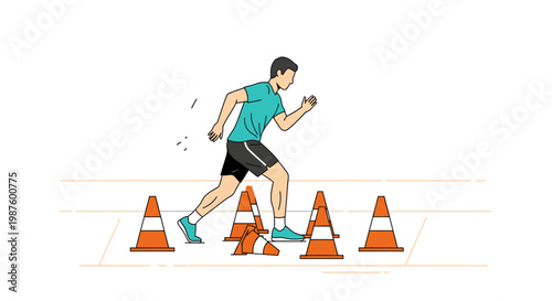 Man running agility drill with orange traffic cones, athletic training, fitness, speed, and coordination