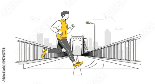 Man running on a bridge in a city, healthy lifestyle and fitness concept