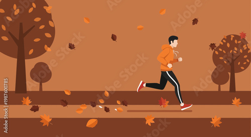 Man running in autumn park with falling leaves, healthy lifestyle and sport concept
