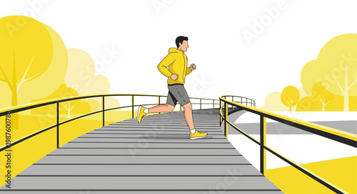 Man running on a bridge in a park, yellow hoodie and shorts, healthy lifestyle, outdoor exercise