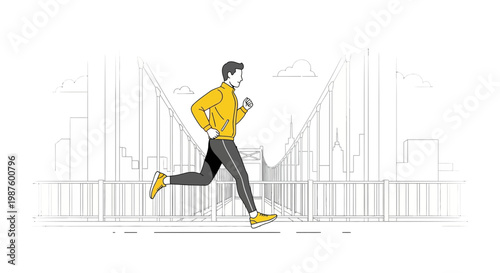 Man running on bridge, urban fitness, healthy lifestyle, city skyline background