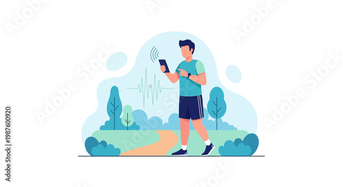 Man walking in park with smartphone, tracking fitness and health data