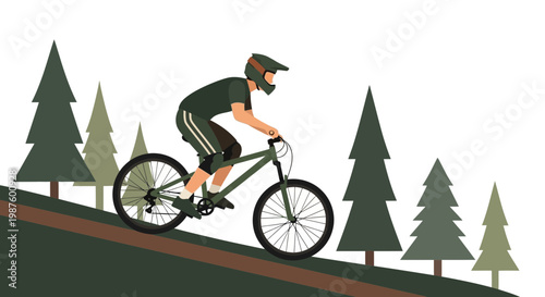 Mountain Biker Descending Steep Forest Trail, Extreme Sports Action