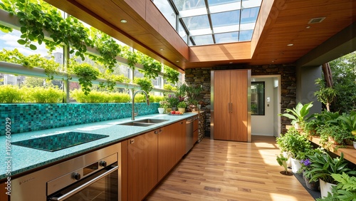 Modern kitchen with greenery and natural light. Wooden cabinets and countertops. Green plants line the wall and floor. Sky light shines above the room. Fresh, vibrant, eco-friendly space