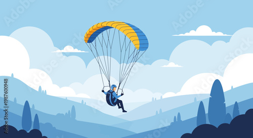 Paraglider soaring over scenic blue hills and clouds, extreme sport adventure