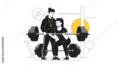 Personal trainer assisting woman with barbell squat exercise in gym