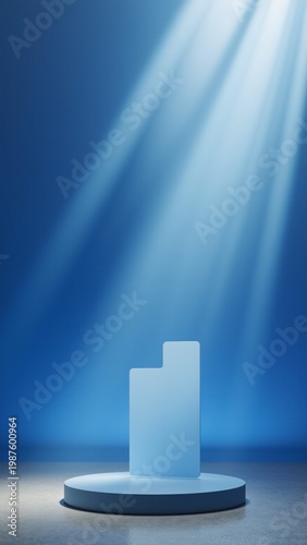 Blue spotlight beams illuminate minimalist pedestal. Clean lines define modern display stage. Soft glow highlights geometric form. Deep blue background enhances visual focus
