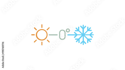 Vivid vector illustration of a temperature transition icon featuring a sun symbol, zero degrees mark, and a snowflake, representing hot to cold weather changes in a minimalist flat style.