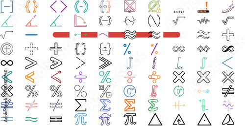 90 Mathematical Symbols Mega Vector Icon Set Bundle. Minimalist Flat Line Art Collection for Algebra, Geometry, Science, Education, and Programming. Scalable AI-Generated Graphics for UI Design.